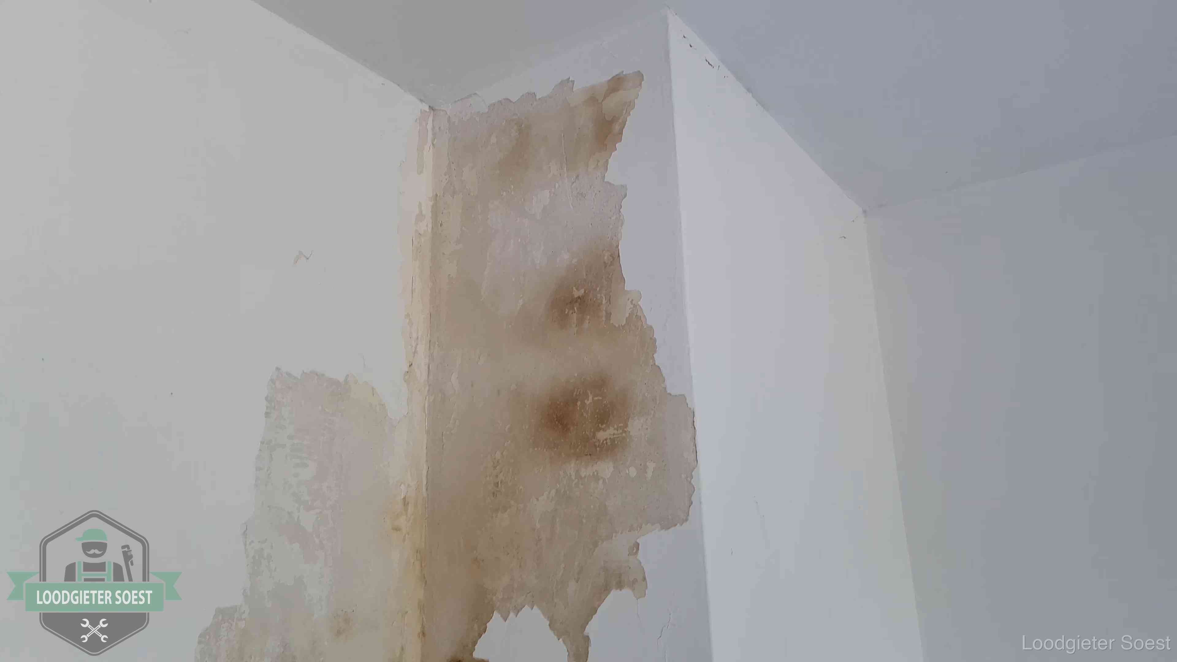 Bruine vochtkringen en afbladderend stucwerk op een binnenmuur in Soest, een eerste teken van daklekkage